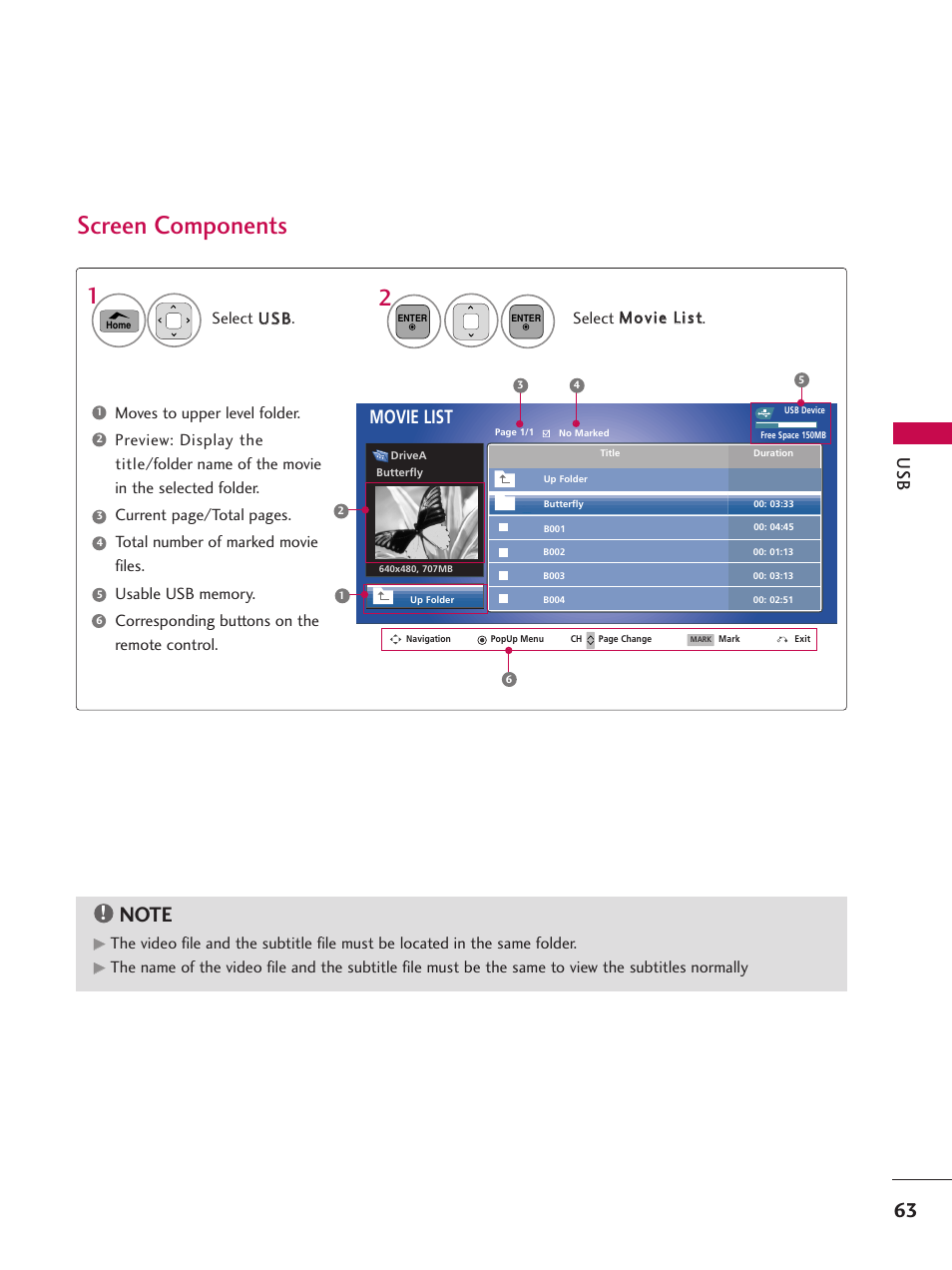 Screen components, Movie list | LG 50PT350C User Manual | Page 63 / 124