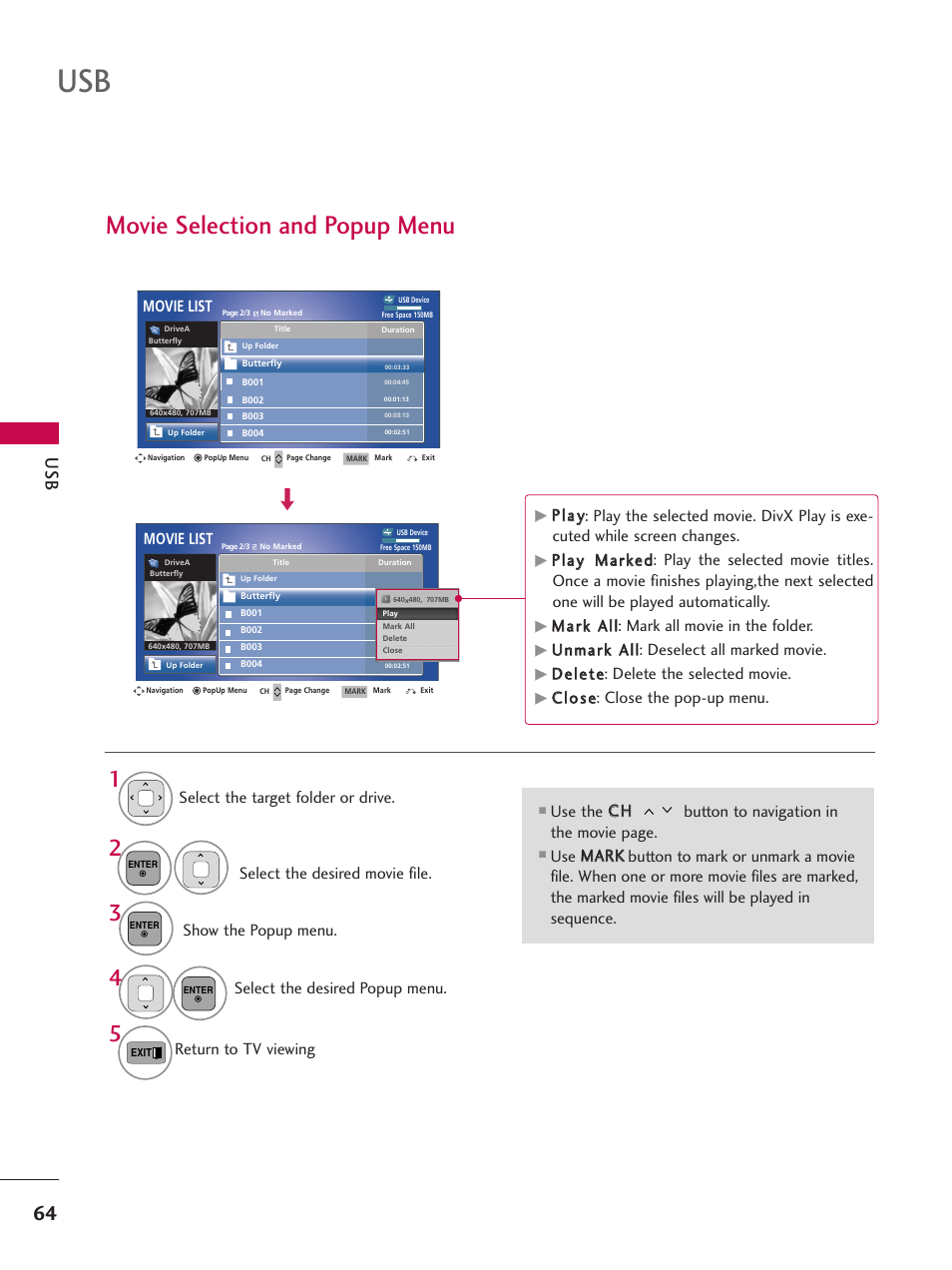 Movie selection and popup menu, Movie list, Ddeelleettee: delete the selected movie | Cc ll o o ss ee: close the pop-up menu, Return to tv viewing | LG 50PT350C User Manual | Page 64 / 124