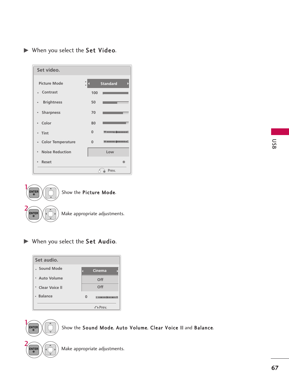 When you select the s seett a au ud diio o, When you select the s seett v viid deeo o | LG 50PT350C User Manual | Page 67 / 124