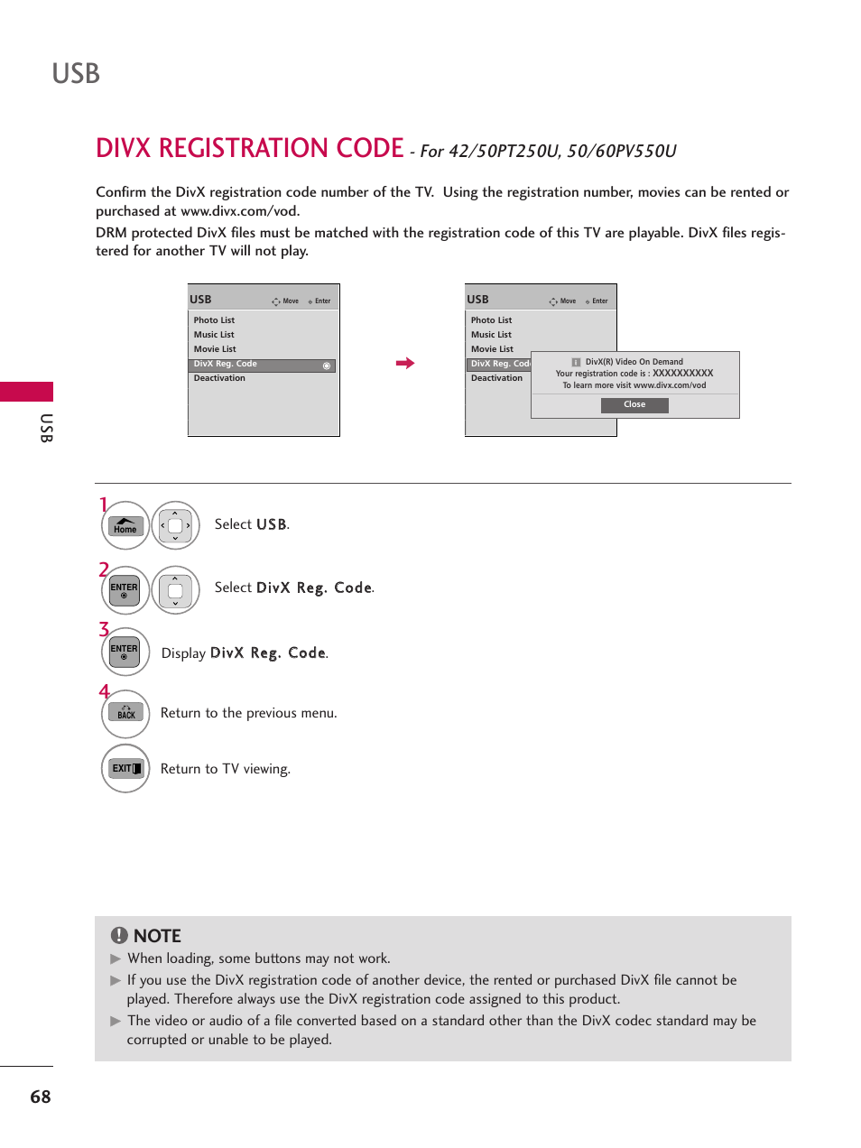 Divx registration code | LG 50PT350C User Manual | Page 68 / 124