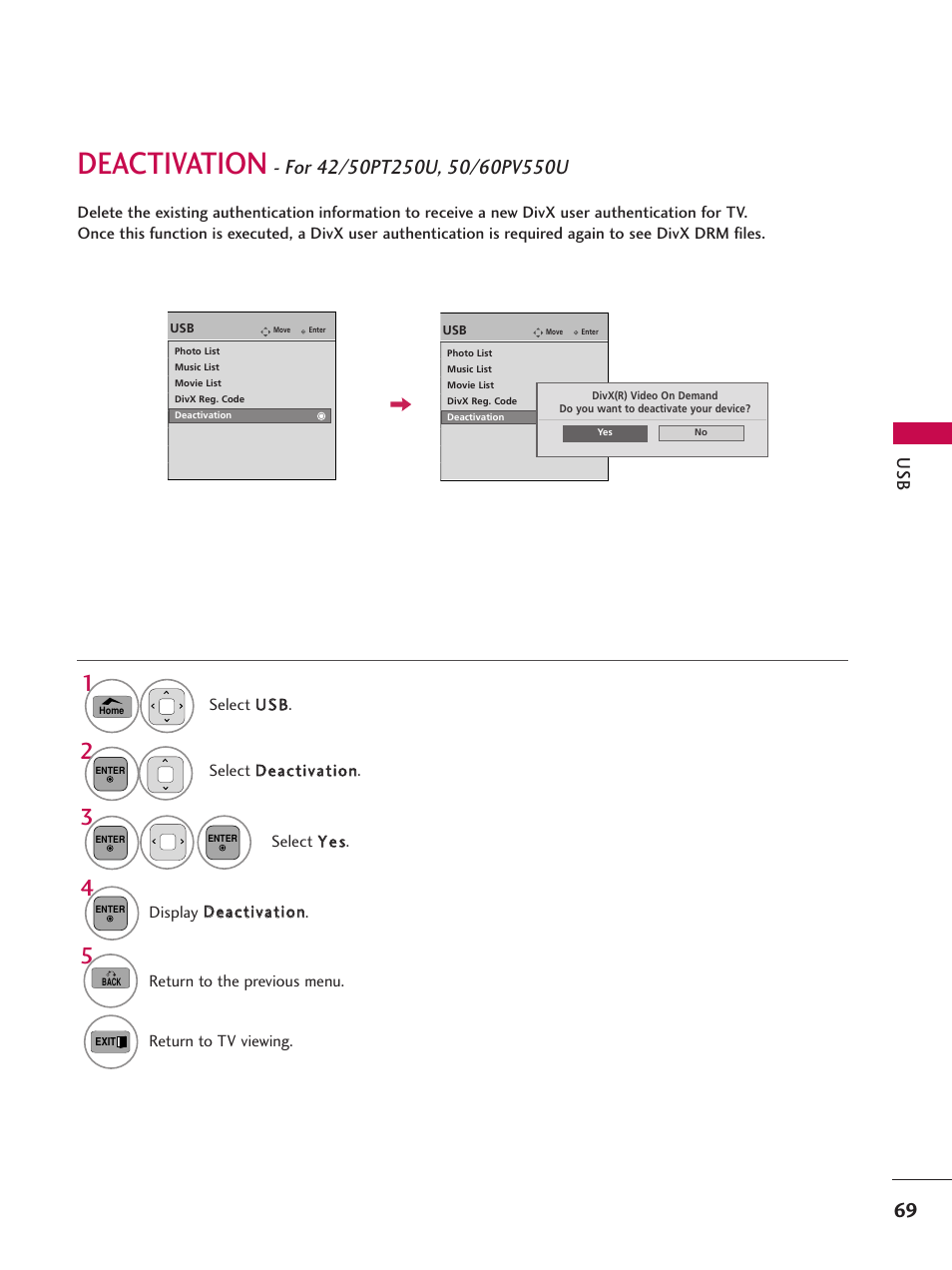 Deactivation | LG 50PT350C User Manual | Page 69 / 124