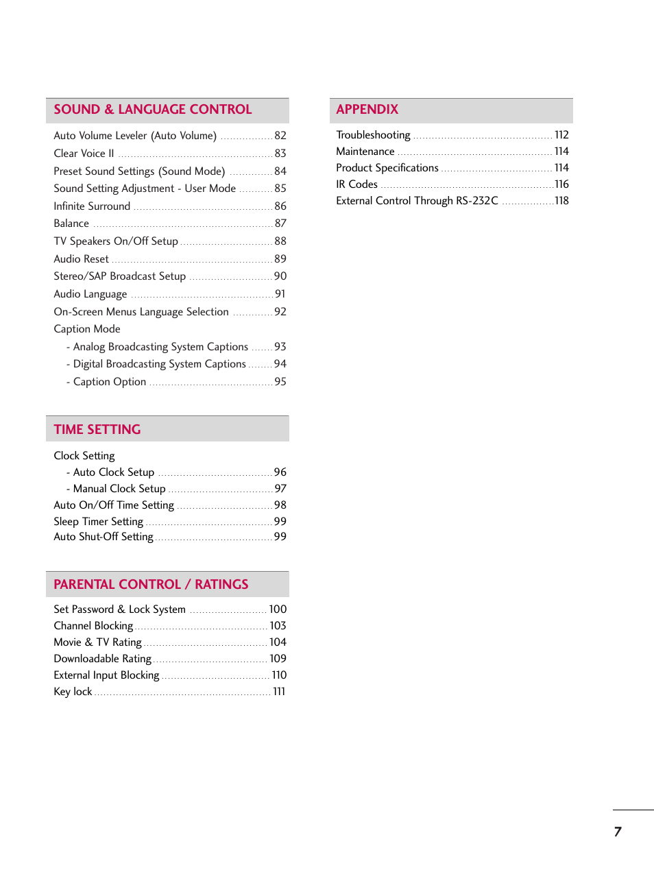 7sound & language control, Time setting, Parental control / ratings | Appendix | LG 50PT350C User Manual | Page 7 / 124