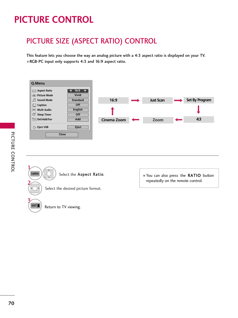 Picture control, Picture size (aspect ratio) control, Picture contr ol | LG 50PT350C User Manual | Page 70 / 124