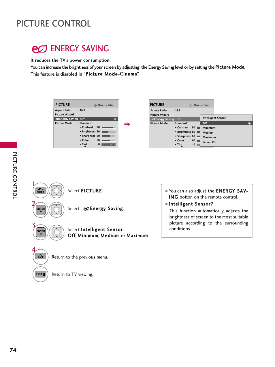 Energy saving, Picture control, Picture contr ol | LG 50PT350C User Manual | Page 74 / 124