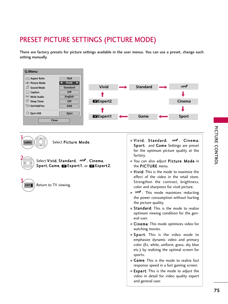 Preset picture settings (picture mode), Picture contr ol | LG 50PT350C User Manual | Page 75 / 124