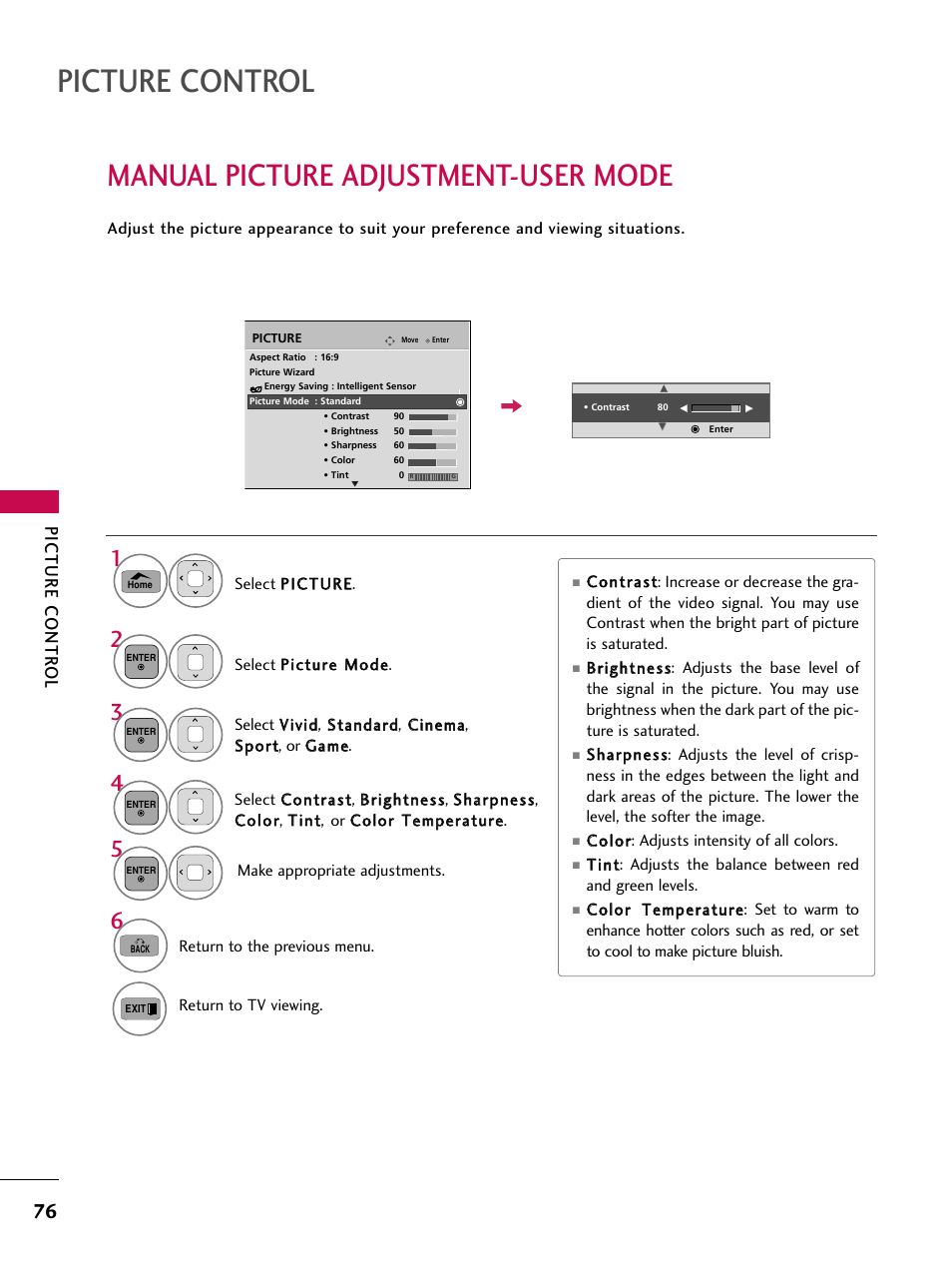 Manual picture adjustment-user mode, Picture control, Picture contr ol | LG 50PT350C User Manual | Page 76 / 124