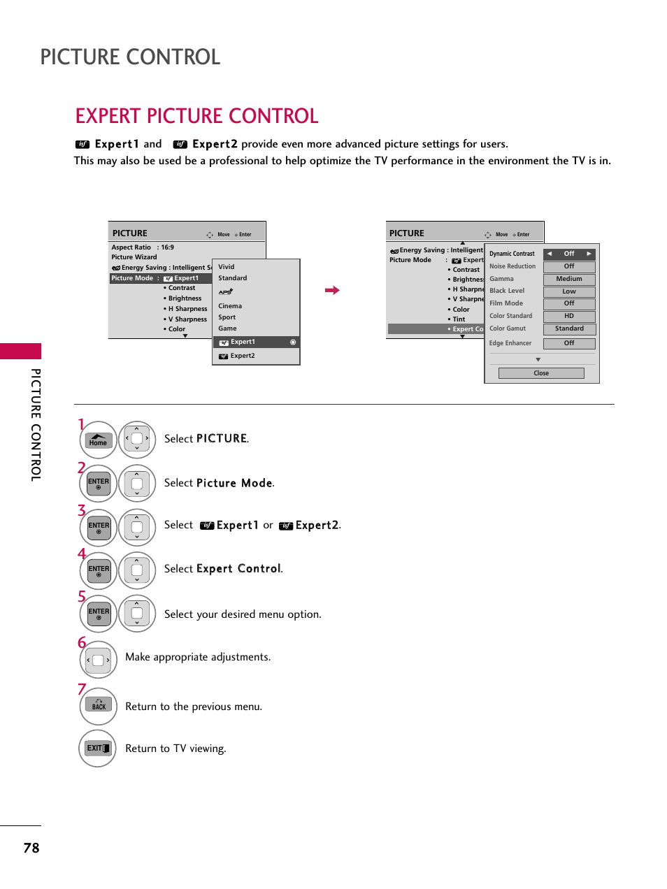 Expert picture control, Picture control, Picture contr ol | LG 50PT350C User Manual | Page 78 / 124