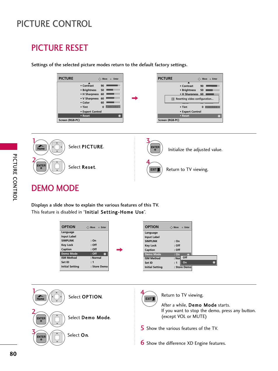 Picture reset, Demo mode, Picture control | Picture contr ol | LG 50PT350C User Manual | Page 80 / 124