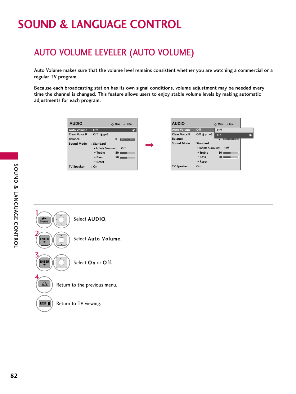 Sound & language control, Auto volume leveler (auto volume), Sound & langu a ge contr ol | LG 50PT350C User Manual | Page 82 / 124