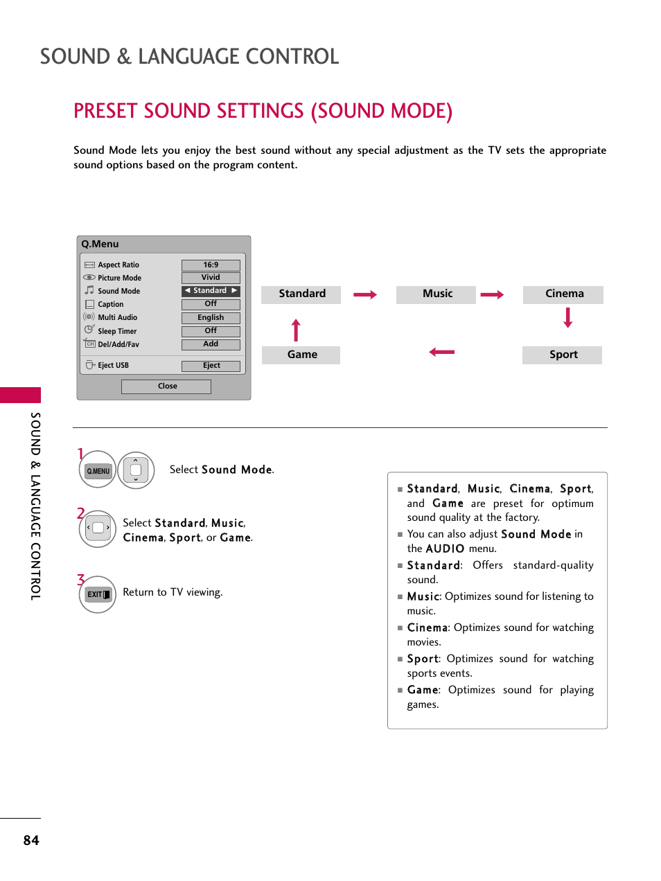 Preset sound settings (sound mode), Sound & language control, Sound & langu a ge contr ol | LG 50PT350C User Manual | Page 84 / 124