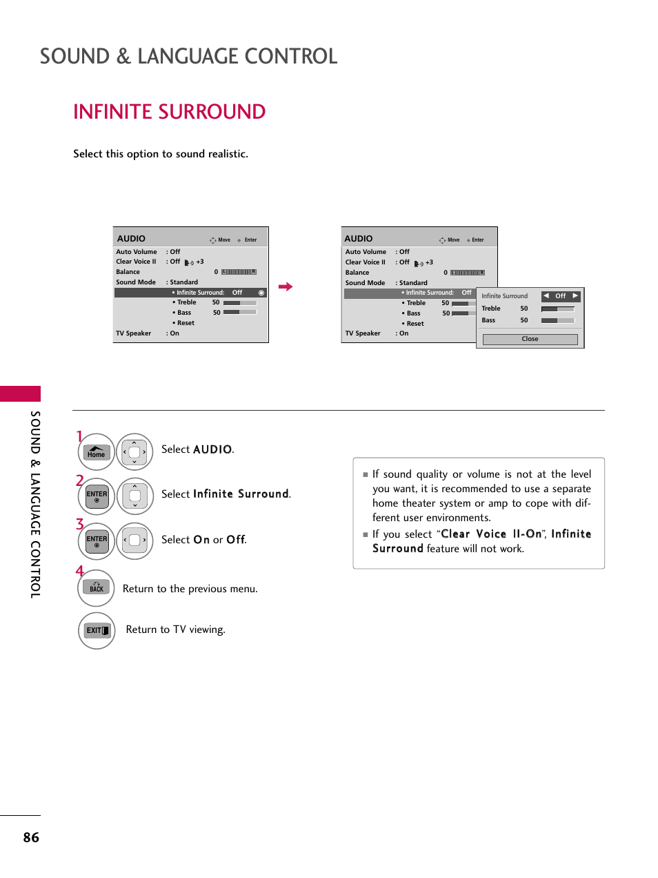 Infinite surround, Sound & language control, Sound & langu a ge contr ol | LG 50PT350C User Manual | Page 86 / 124