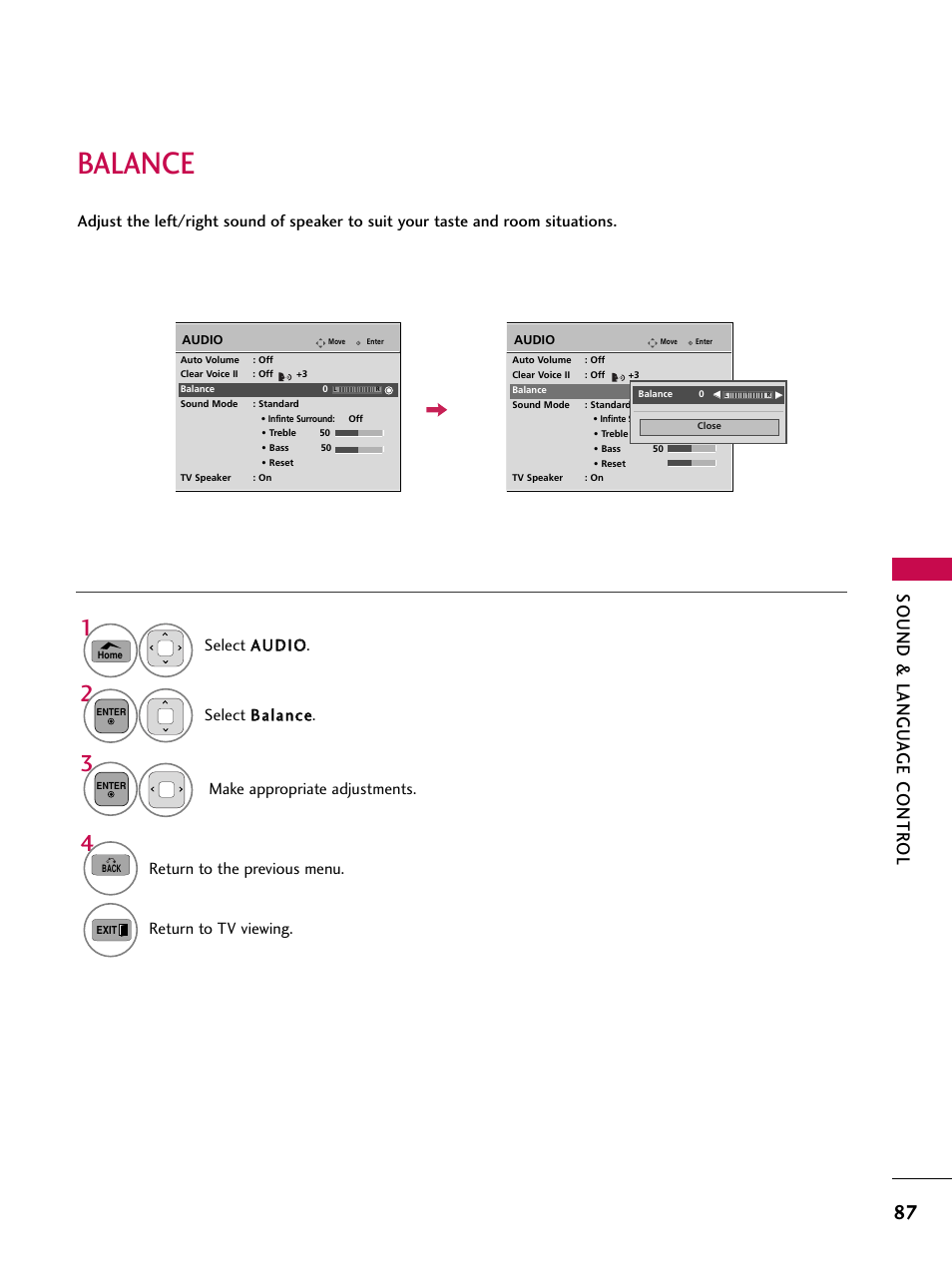 Balance, Sound & langu a ge contr ol, Return to the previous menu. return to tv viewing | LG 50PT350C User Manual | Page 87 / 124