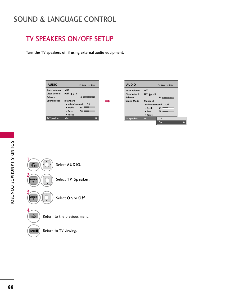 Tv speakers on/off setup, Sound & language control, Sound & langu a ge contr ol | LG 50PT350C User Manual | Page 88 / 124