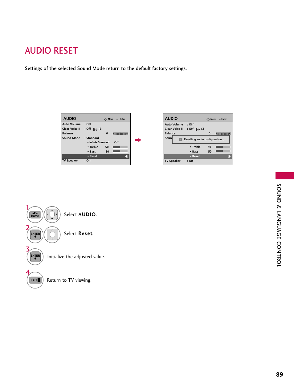 Audio reset, Sound & langu a ge contr ol, Initialize the adjusted value | Return to tv viewing | LG 50PT350C User Manual | Page 89 / 124