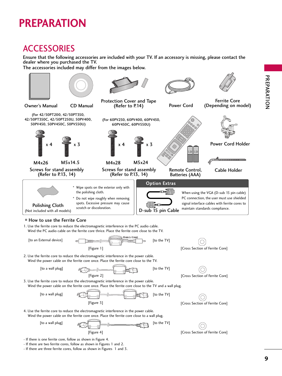 Preparation, Accessories, Prep ar a tion | LG 50PT350C User Manual | Page 9 / 124