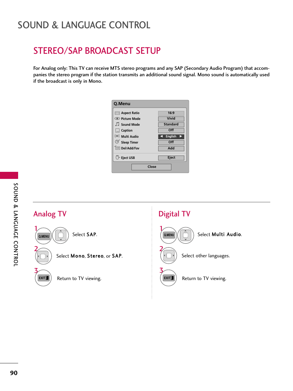 Stereo/sap broadcast setup, Sound & language control, Analog tv digital tv | LG 50PT350C User Manual | Page 90 / 124