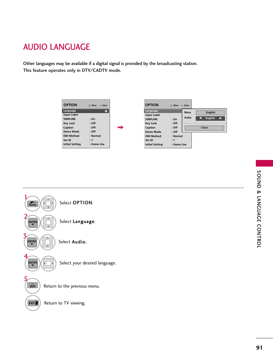 Audio language, Sound & langu a ge contr ol | LG 50PT350C User Manual | Page 91 / 124