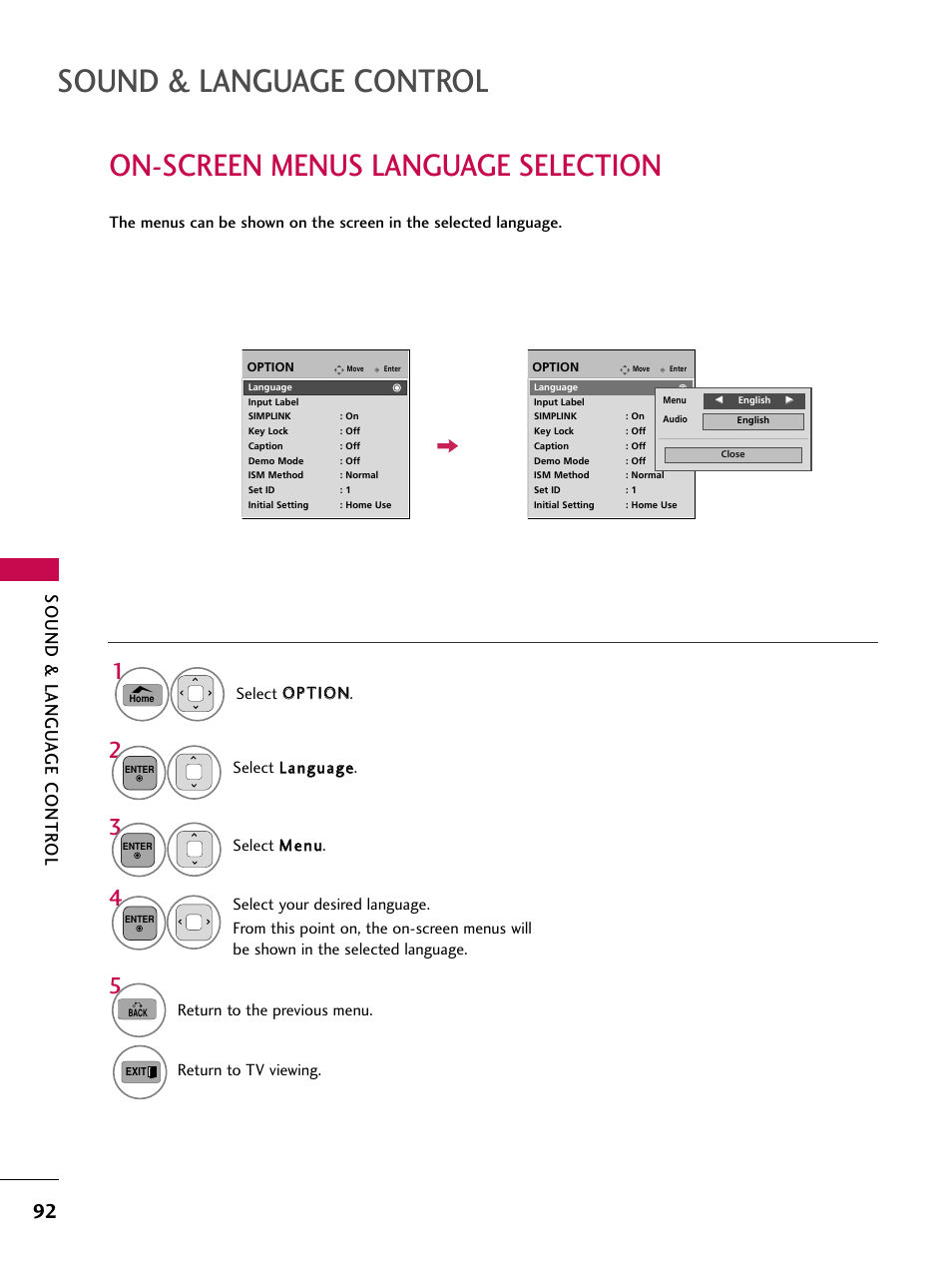 On-screen menus language selection, Sound & language control, Sound & langu a ge contr ol | LG 50PT350C User Manual | Page 92 / 124