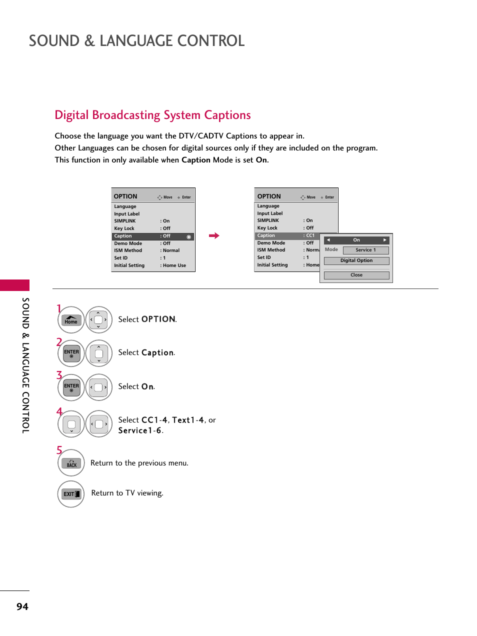 Digital broadcasting system captions, Sound & language control, Sound & langu a ge contr ol | LG 50PT350C User Manual | Page 94 / 124