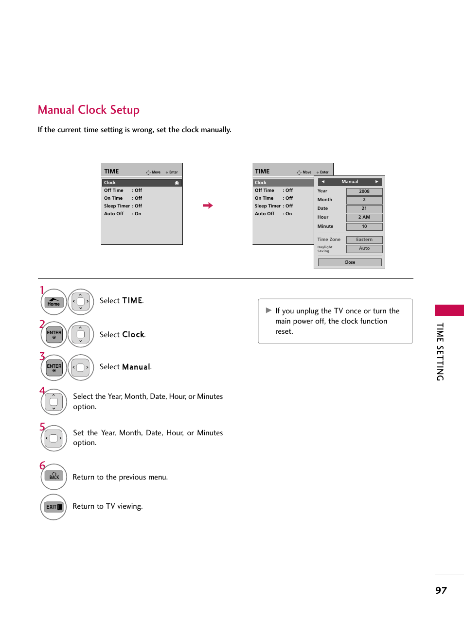 Manual clock setup, Time setting, Set the year, month, date, hour, or minutes option | Return to the previous menu. return to tv viewing | LG 50PT350C User Manual | Page 97 / 124