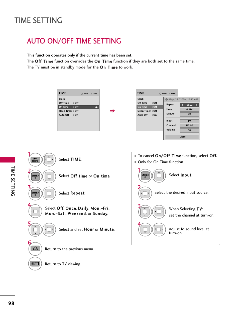 Auto on/off time setting, Time setting | LG 50PT350C User Manual | Page 98 / 124