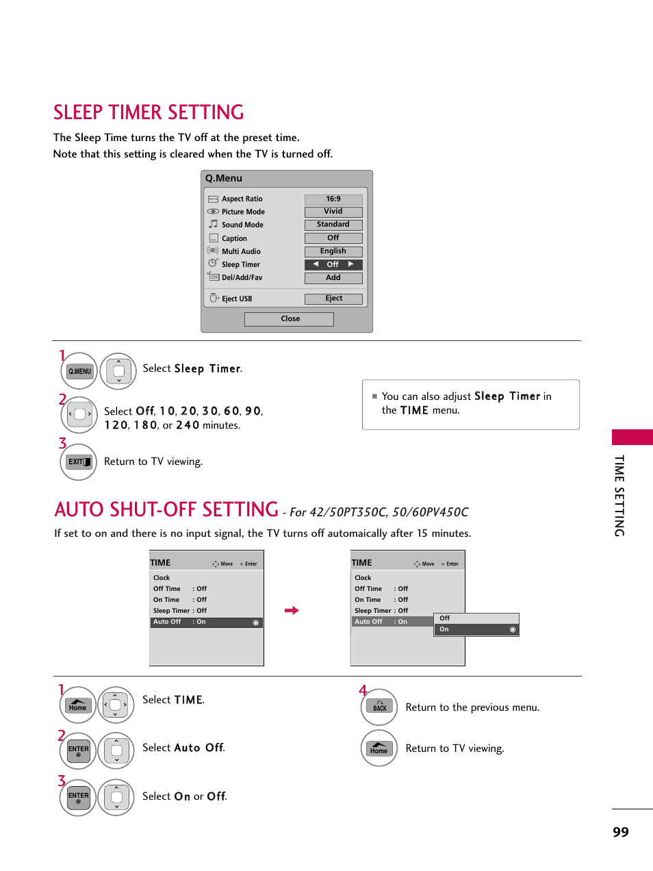 Sleep timer setting, Auto shut-off setting, Time setting | LG 50PT350C User Manual | Page 99 / 124