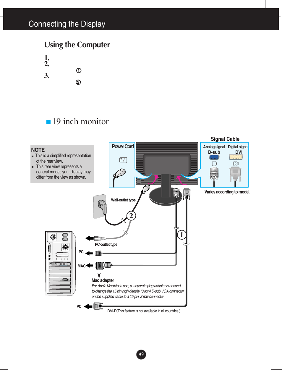 Using the computer, 19 inch monitor, Connecting the display using the computer | LG L204WT-BF User Manual | Page 10 / 32
