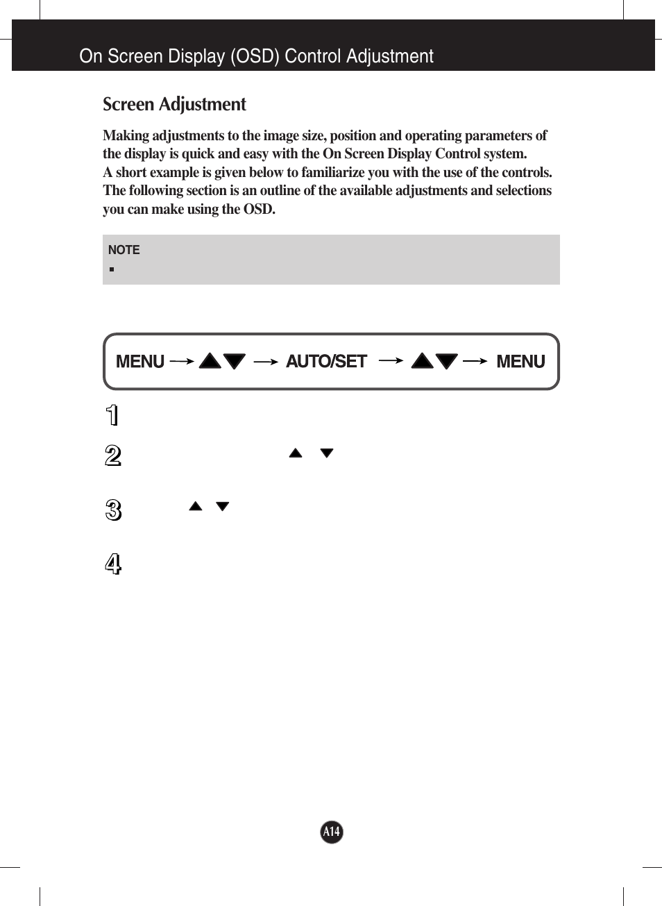 On screen display (osd) control adjustment, Screen adjustment | LG L204WT-BF User Manual | Page 15 / 32