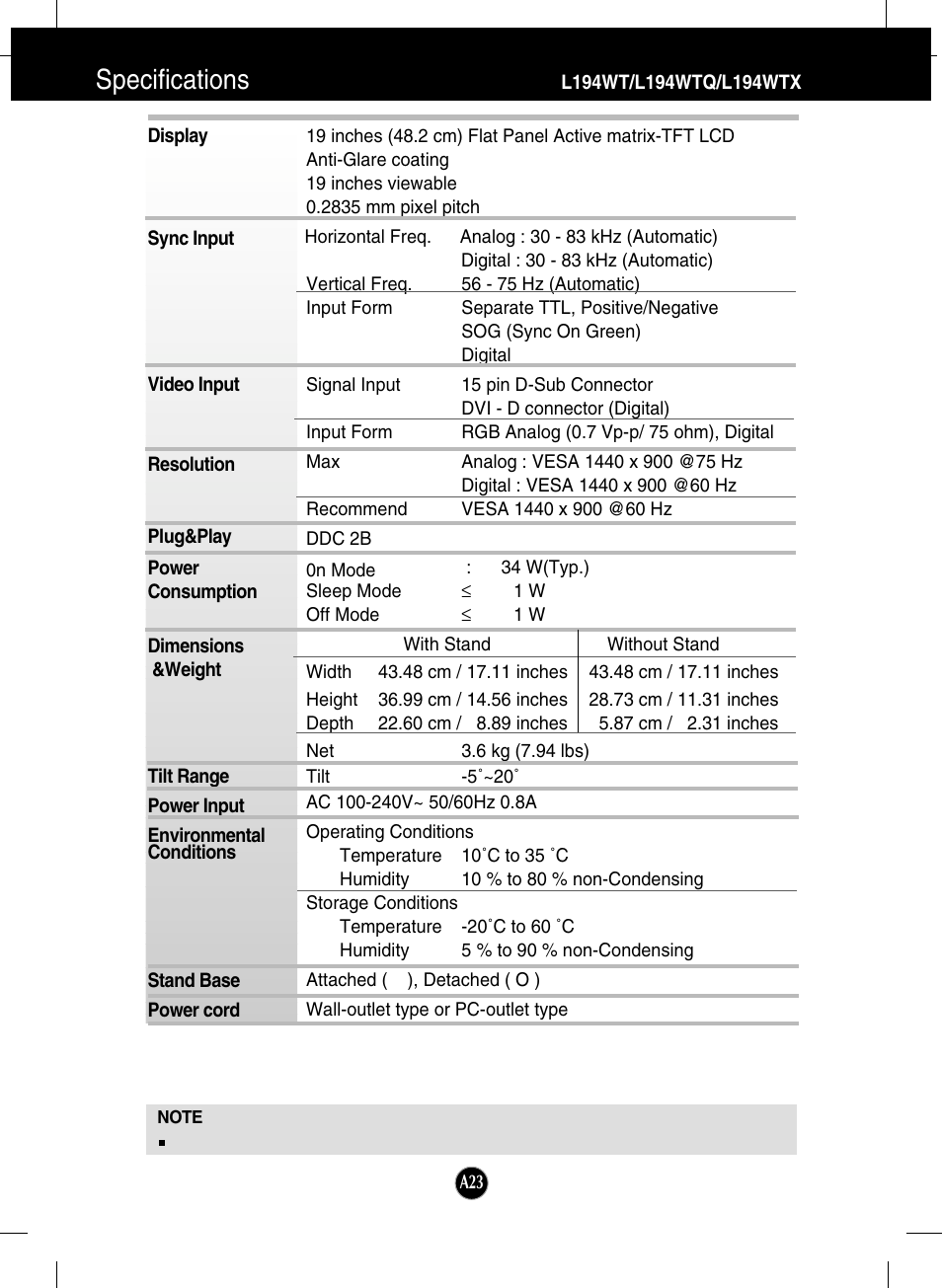 Specifications, L194wt/l194wtq/l194wtx | LG L204WT-BF User Manual | Page 24 / 32