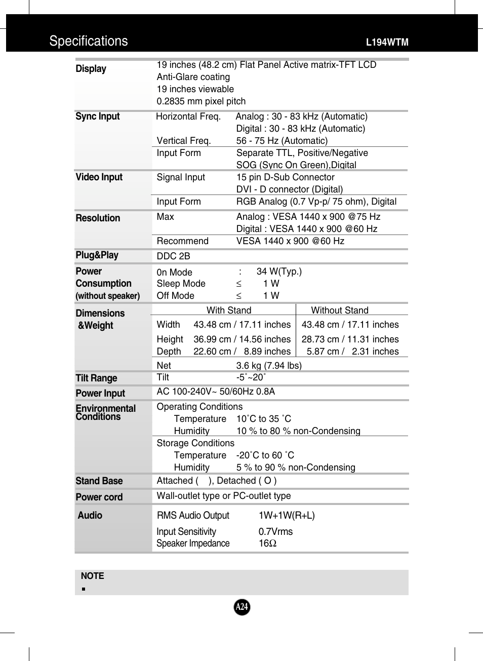 L194wtm, Specifications | LG L204WT-BF User Manual | Page 25 / 32