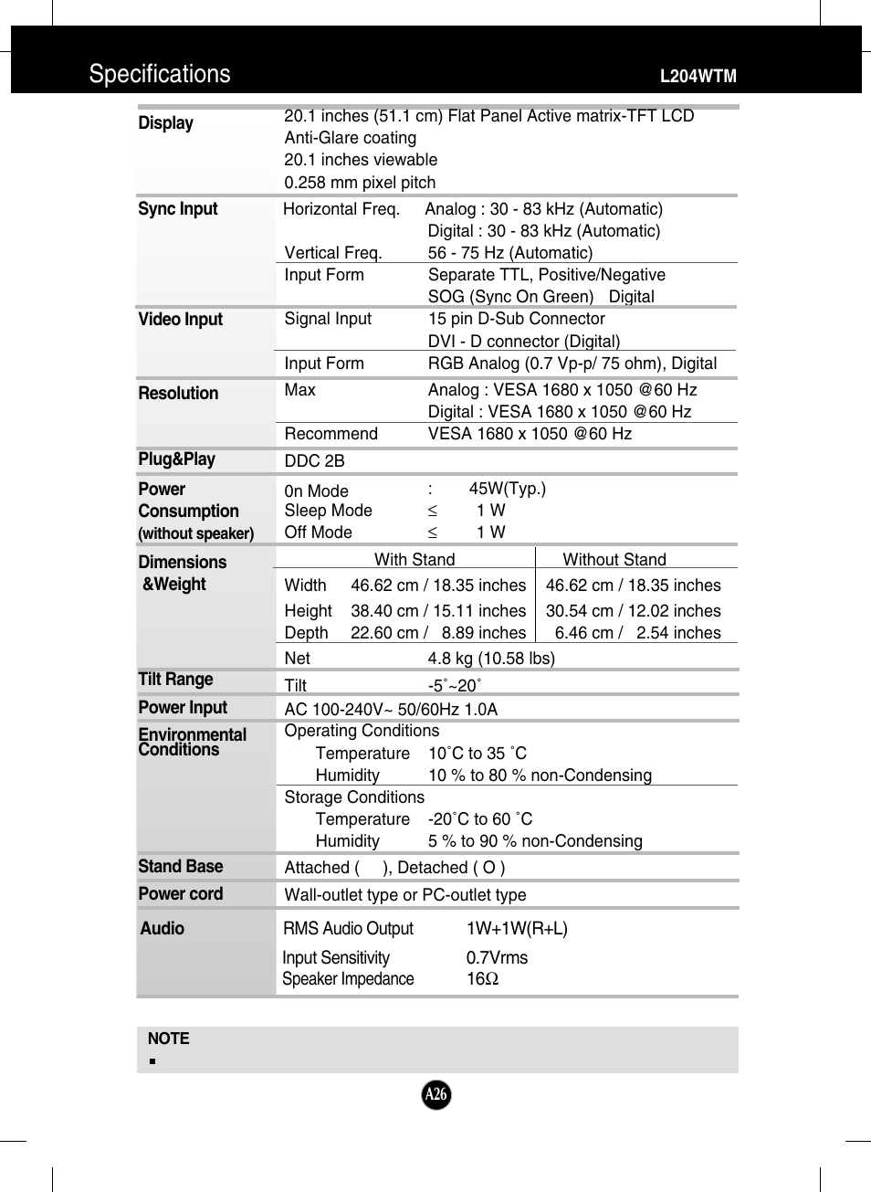 L204wtm, Specifications | LG L204WT-BF User Manual | Page 27 / 32