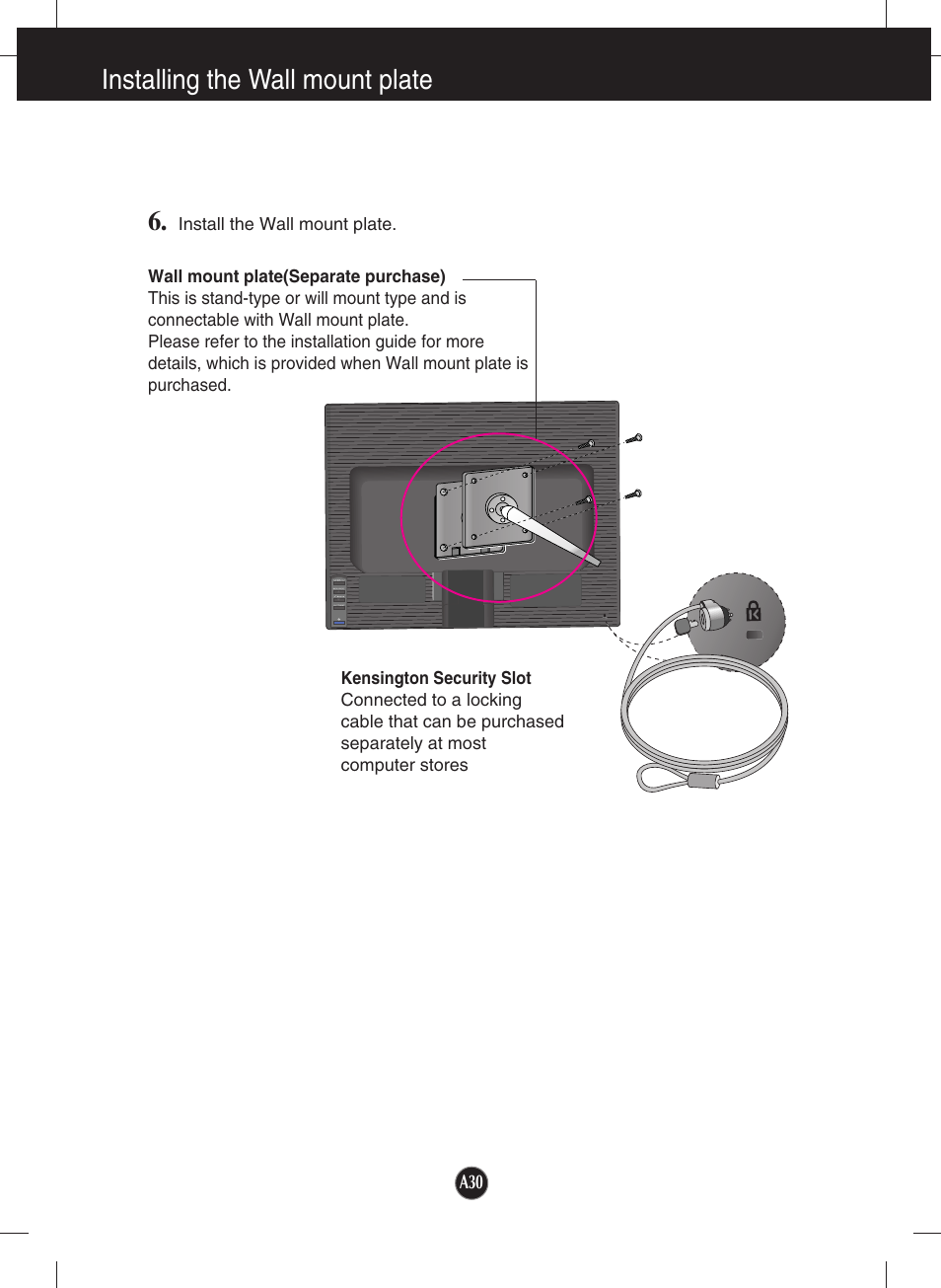 Installing the wall mount plate | LG L204WT-BF User Manual | Page 31 / 32