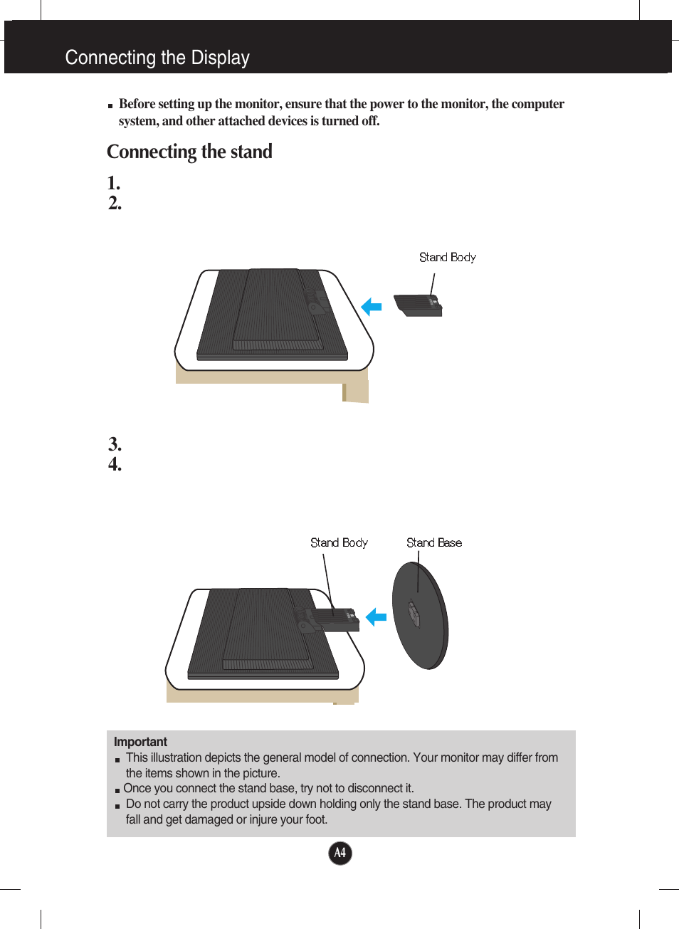 Connecting the display, Connecting the stand, Connecting the stand 1 | LG L204WT-BF User Manual | Page 5 / 32