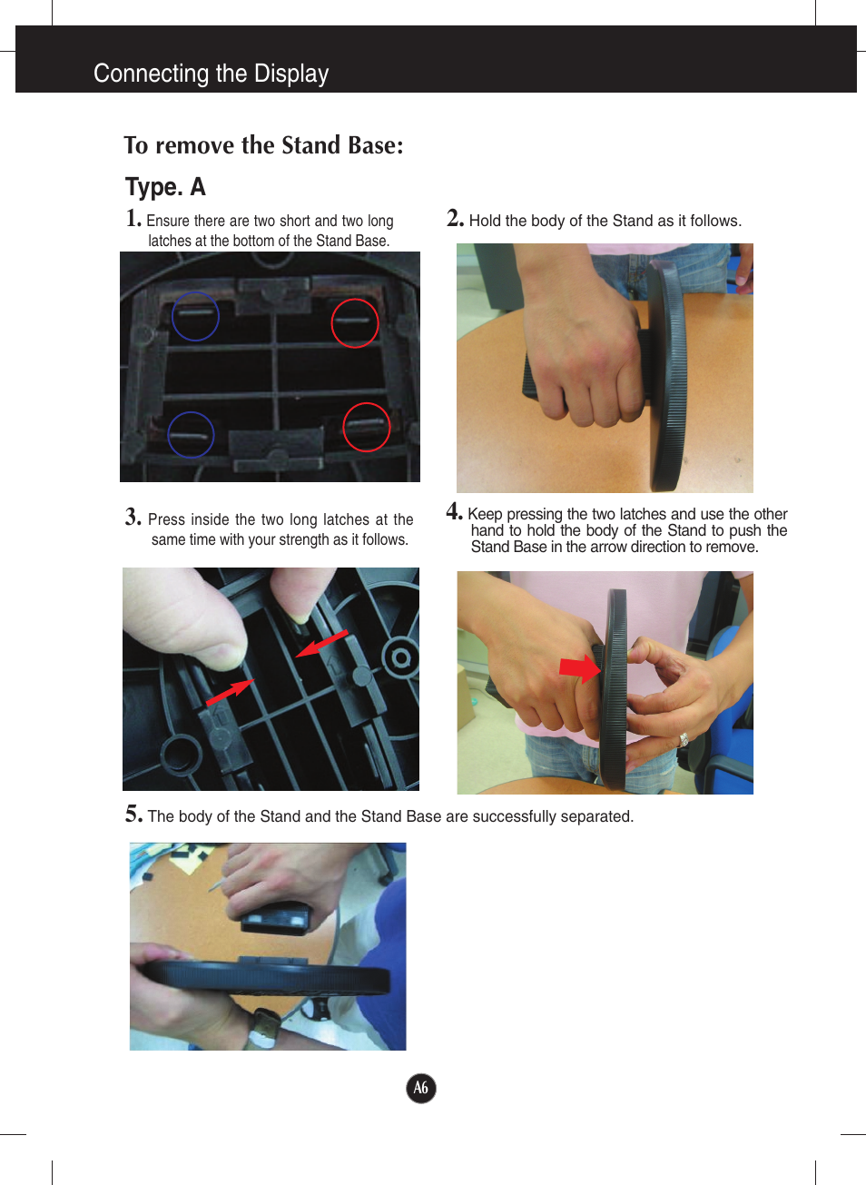 To remove the stand base, Connecting the display to remove the stand base: 2, Type. a 3 | LG L204WT-BF User Manual | Page 7 / 32