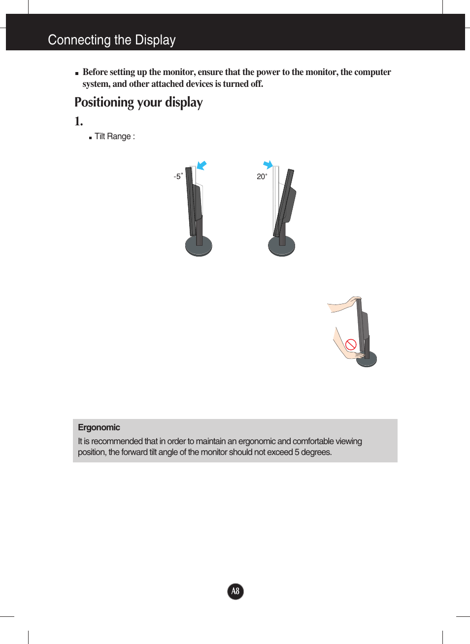 Positioning your display, Connecting the display | LG L204WT-BF User Manual | Page 9 / 32