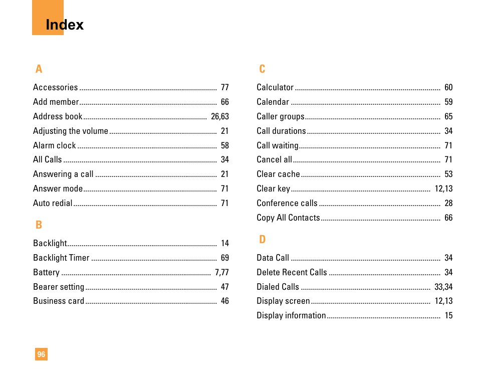 Index | LG F9200 User Manual | Page 100 / 214