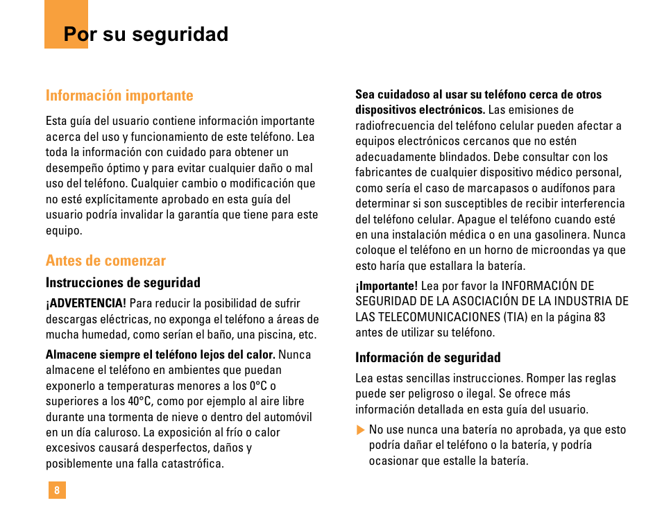 Por su seguridad | LG F9200 User Manual | Page 114 / 214