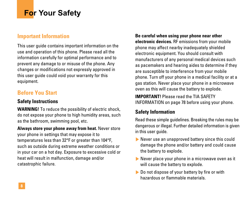 For your safety, Important information, Before you start | LG F9200 User Manual | Page 12 / 214