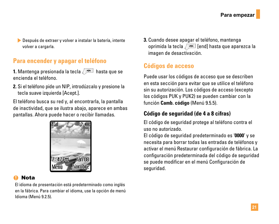 Para encender y apagar el teléfono, Códigos de acceso | LG F9200 User Manual | Page 127 / 214