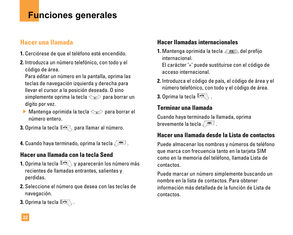 Funciones generales, Hacer una llamada | LG F9200 User Manual | Page 128 / 214