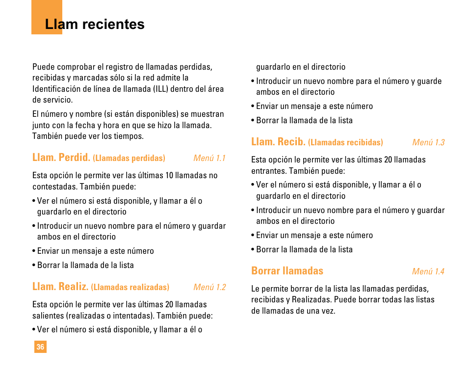 Llam recientes, Llam. perdid, Llam. realiz | Llam. recib, Borrar llamadas | LG F9200 User Manual | Page 142 / 214