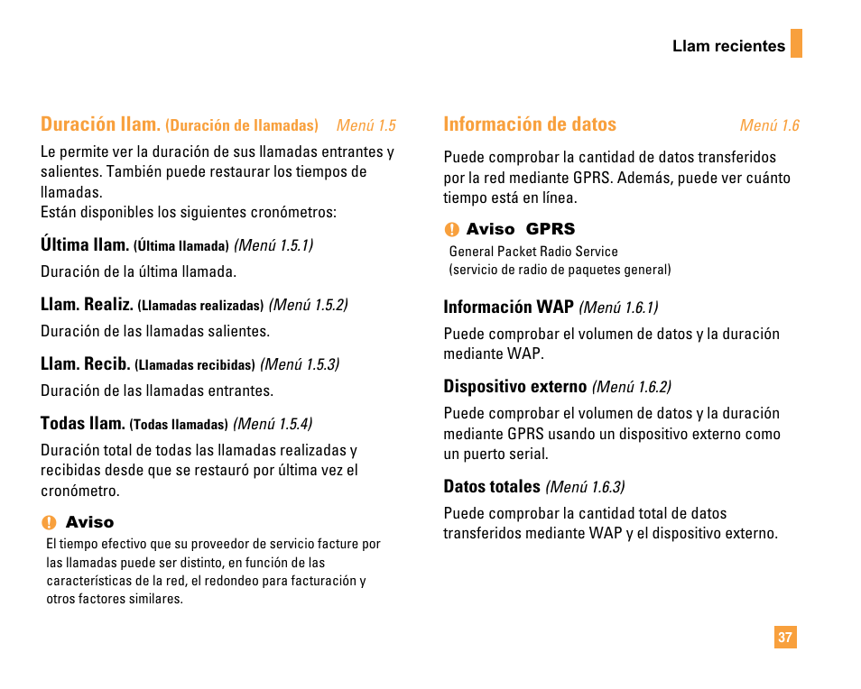 Duración llam, Información de datos | LG F9200 User Manual | Page 143 / 214