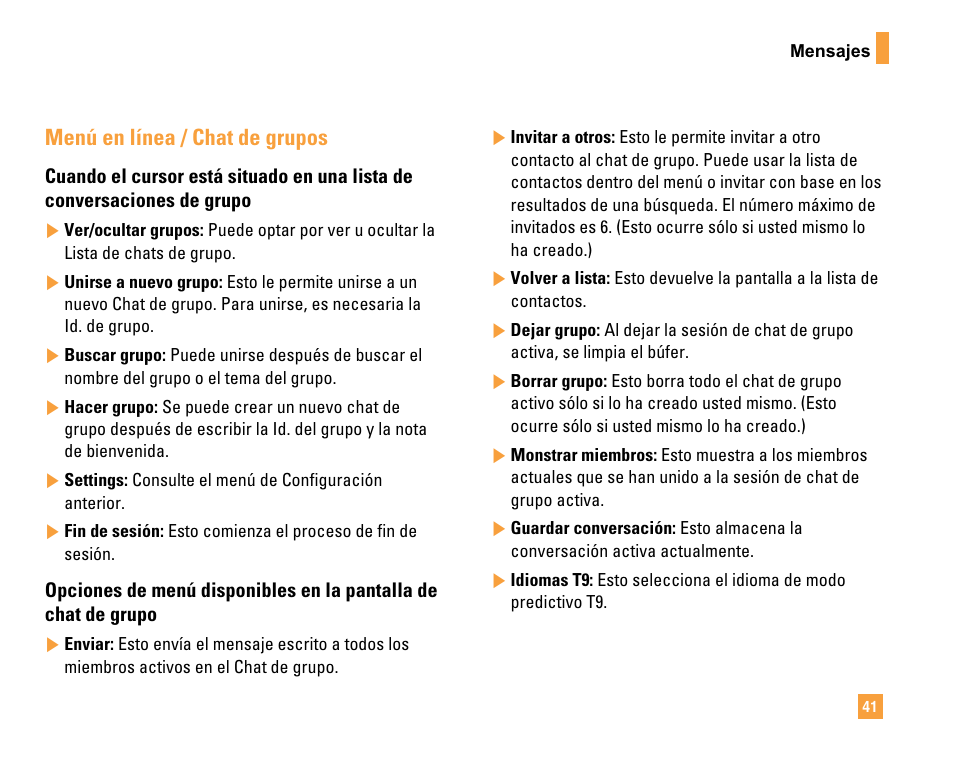 Menú en línea / chat de grupos | LG F9200 User Manual | Page 147 / 214