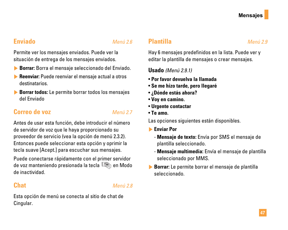 Enviado, Correo de voz, Chat | Plantilla | LG F9200 User Manual | Page 153 / 214
