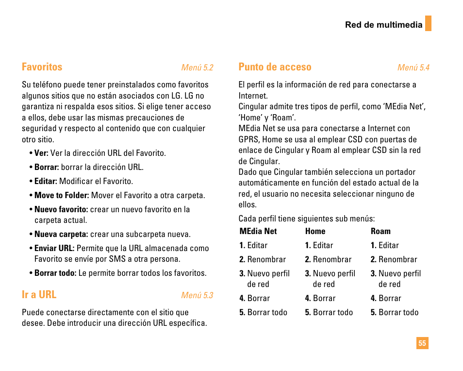 Favoritos, Ir a url, Punto de acceso | LG F9200 User Manual | Page 161 / 214