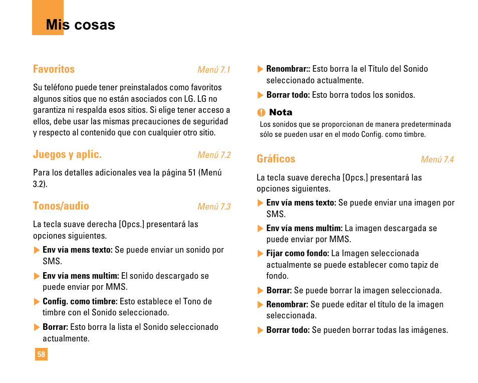 Mis cosas, Favoritos, Juegos y aplic | Tonos/audio, Gráficos | LG F9200 User Manual | Page 164 / 214
