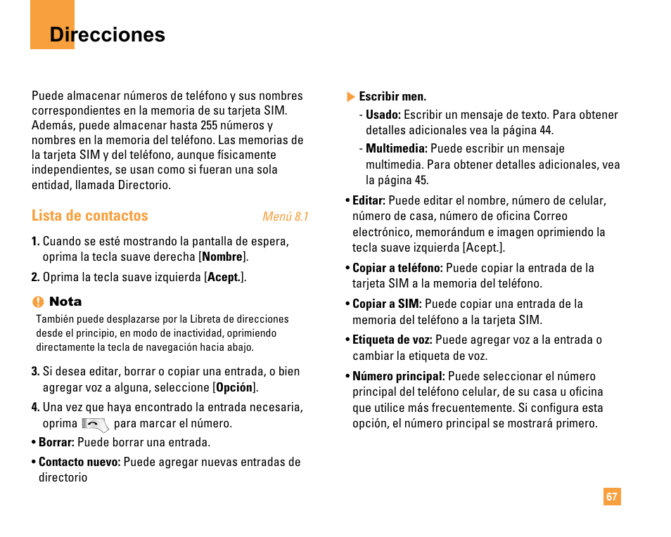 Direcciones, Lista de contactos | LG F9200 User Manual | Page 173 / 214