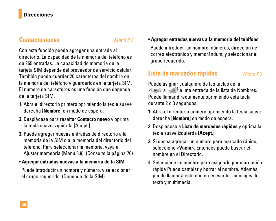 Contacto nuevo, Lista de marcados rápidos | LG F9200 User Manual | Page 174 / 214