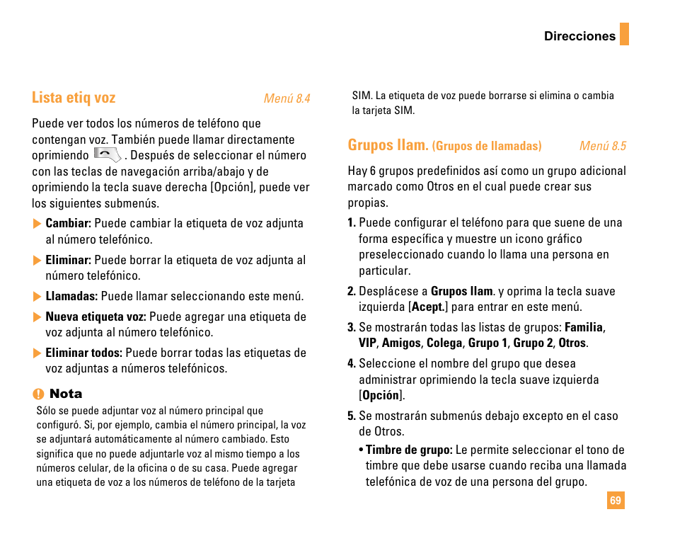 Lista etiq voz, Grupos llam | LG F9200 User Manual | Page 175 / 214