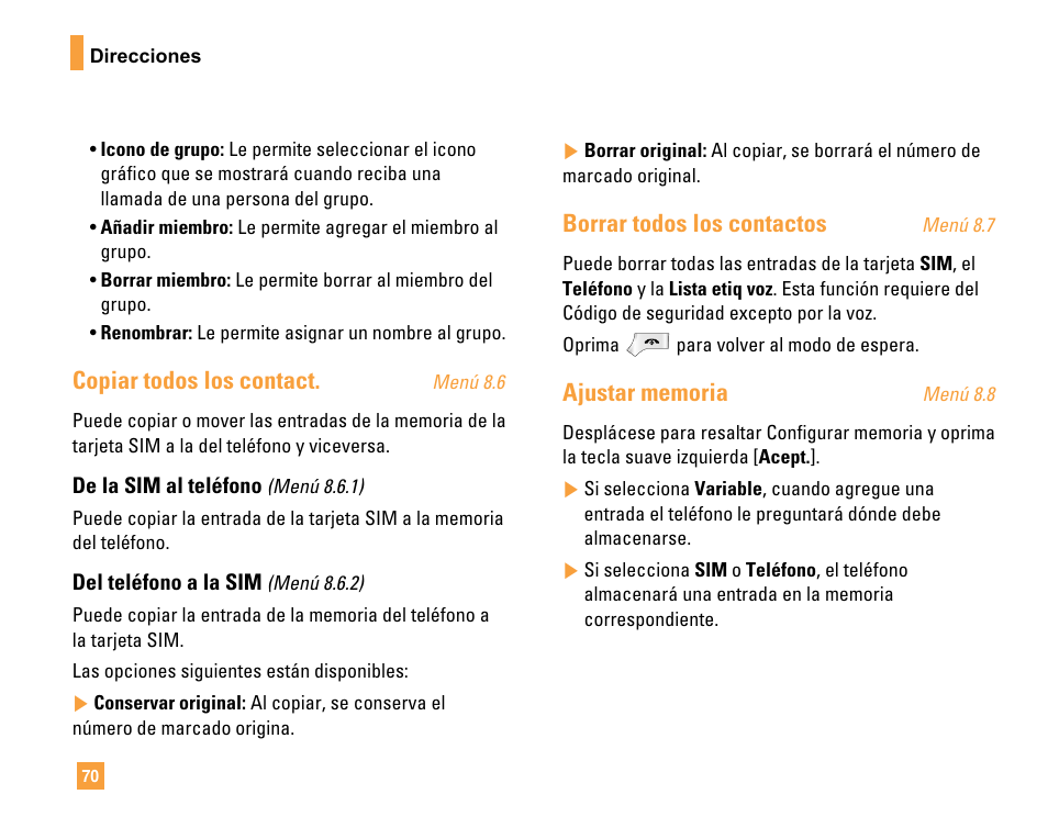 Copiar todos los contact, Borrar todos los contactos | LG F9200 User Manual | Page 176 / 214